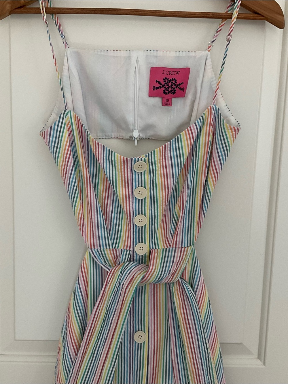 J. Crew Rainbow Seersucker Dress Cut-Out Tie Front Stripe Midi Dress 10 - Picture 12 of 16